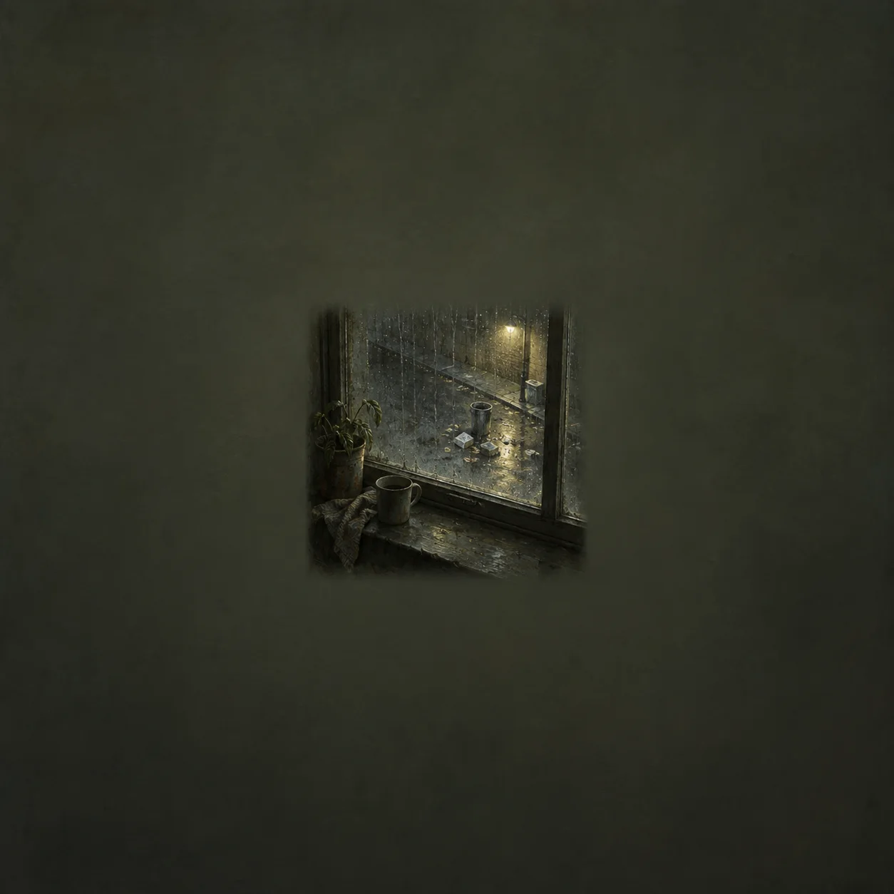 Painterly rain-streaked window overlooking wet pavement, with a small cup and plant on the sill.