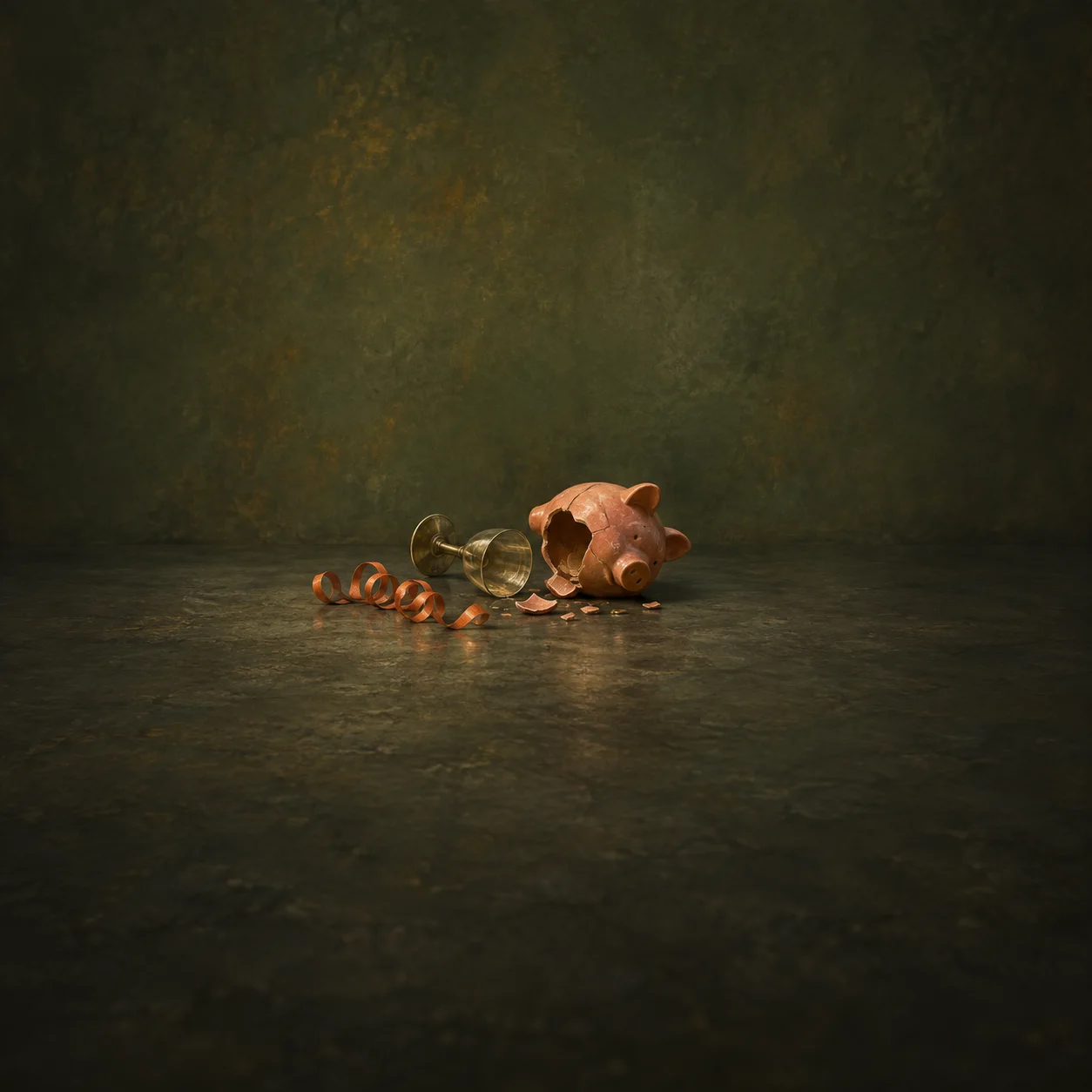 A broken pink piggy bank lies beside a fallen brass goblet and curled orange ribbon on a dark surface.