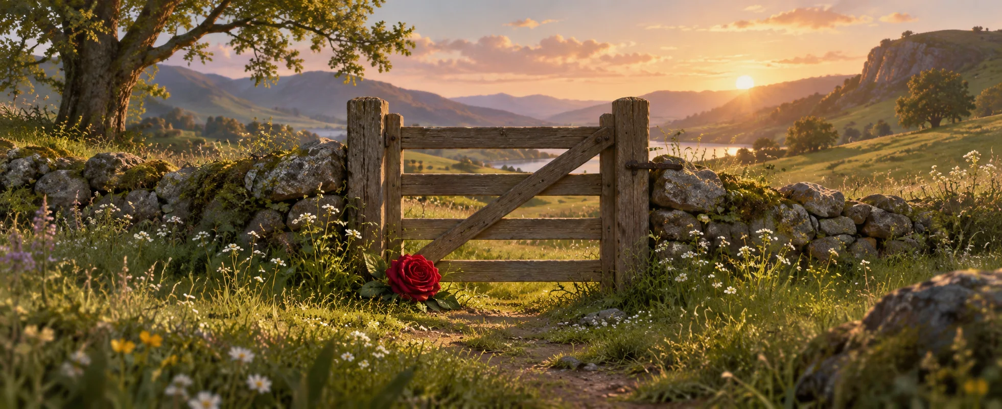 A small red rose rests beside a plain wooden gate in a sunlit green meadow.