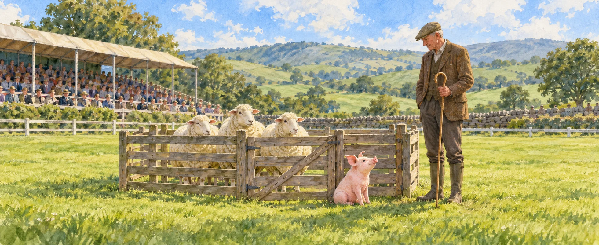 A small pig sits by a closed pen of sheep at a sheepdog trial while a tall farmer with a crook stands nearby, a grandstand behind.