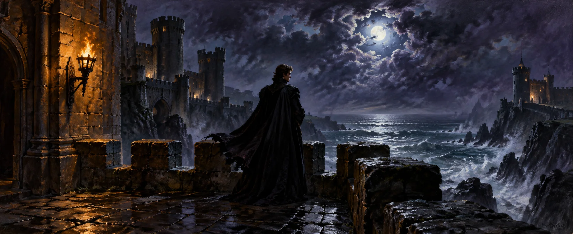 A lone figure in a dark cloak stands on moonlit castle battlements above a stormy sea.