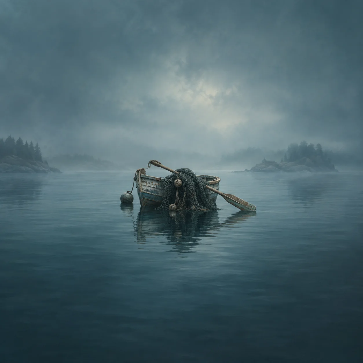Painterly fishing net and oar draped over a weathered boat on misty blue water.
