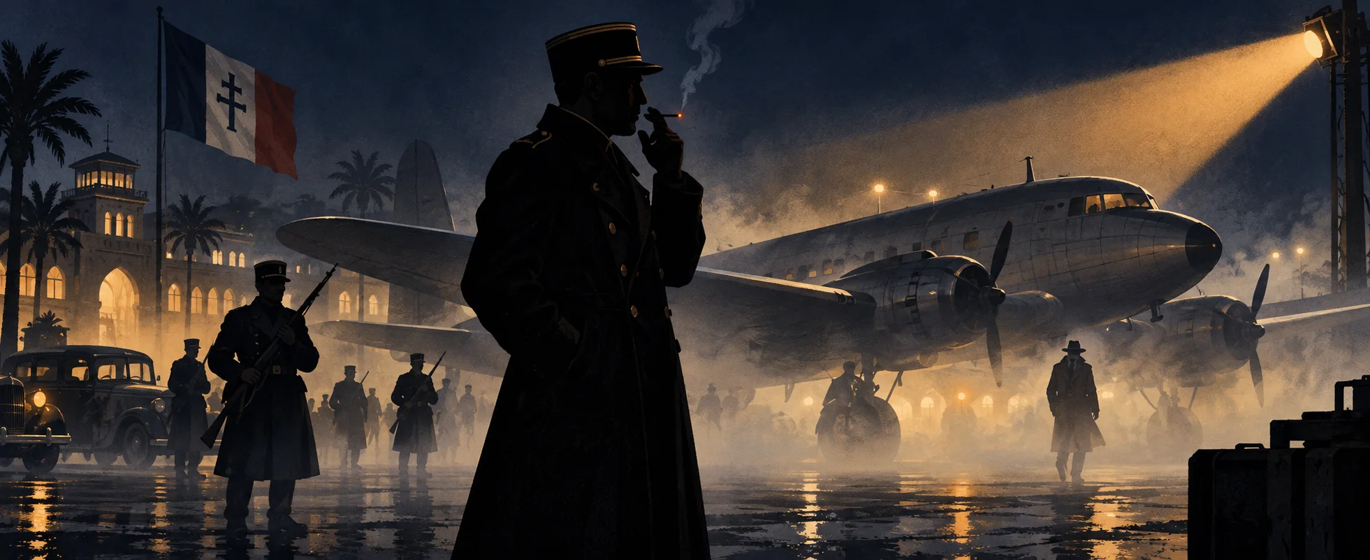 A police captain in a kepi smokes on a foggy night airfield as gendarmes gather by a transport plane under a searchlight.