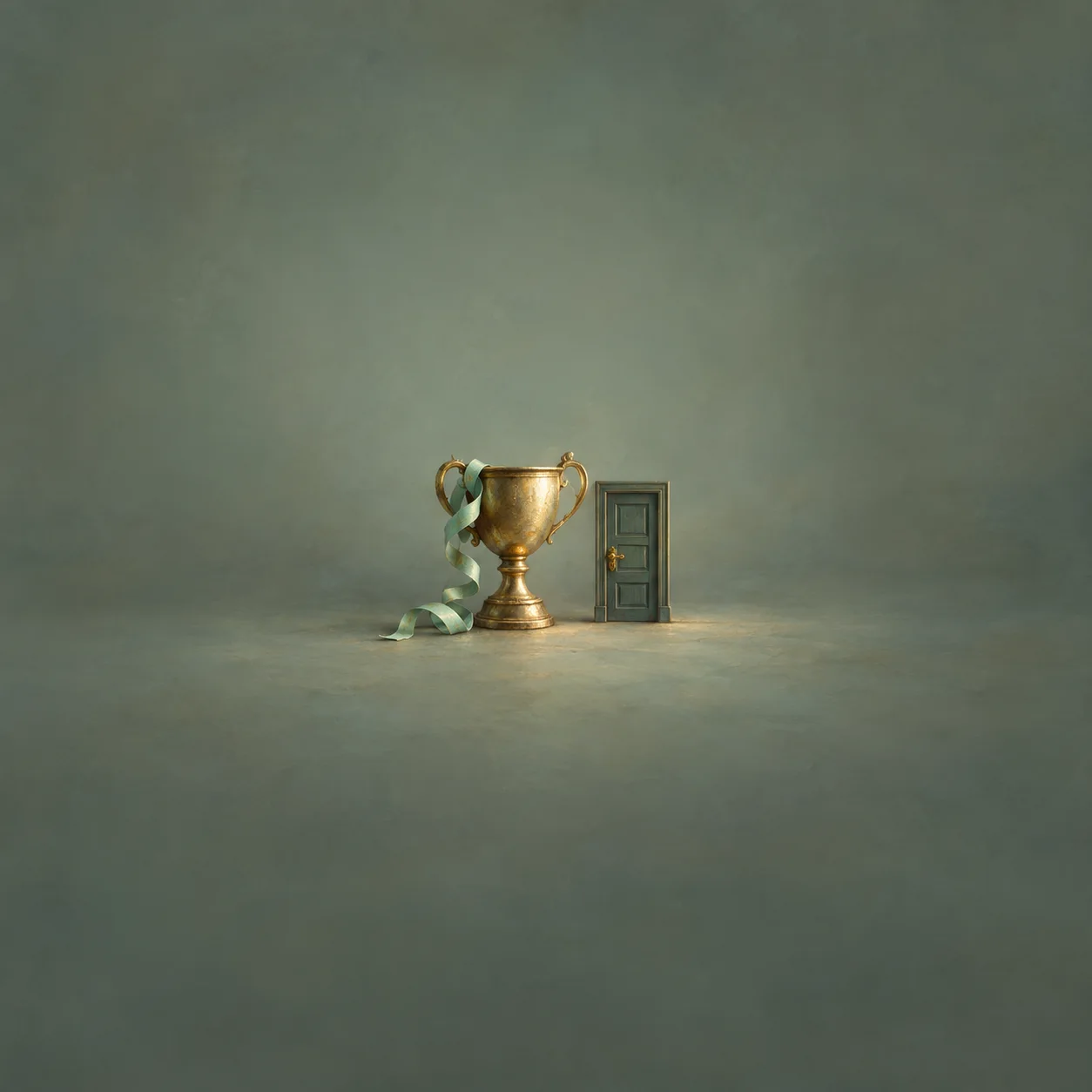 A gold trophy with a pale green ribbon beside a tiny closed door against a gray-green background.