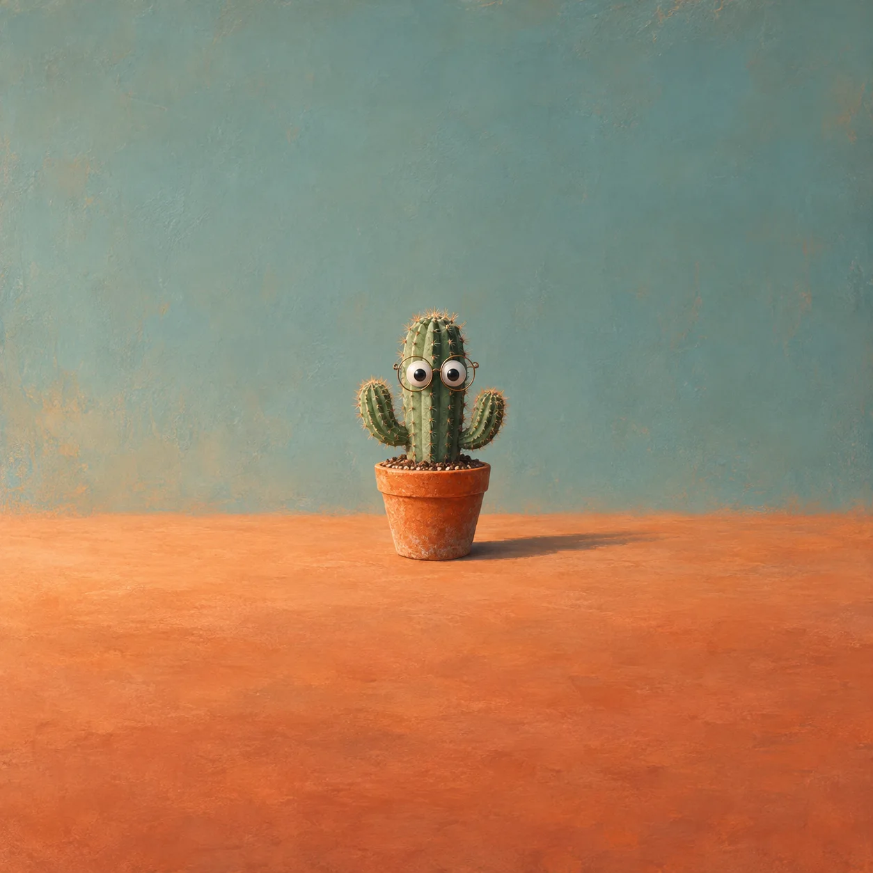 A potted cactus with two large round eyes stands on orange ground against teal.