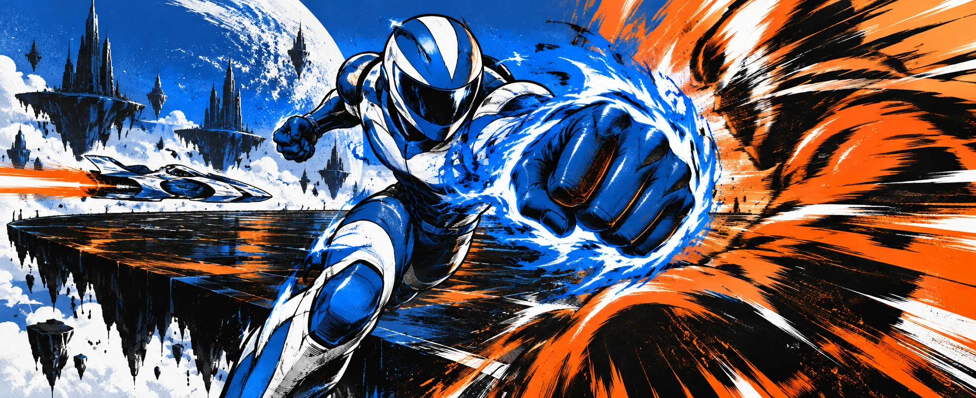 A racer in a blue and white suit throws a blazing punch that explodes in orange fire.