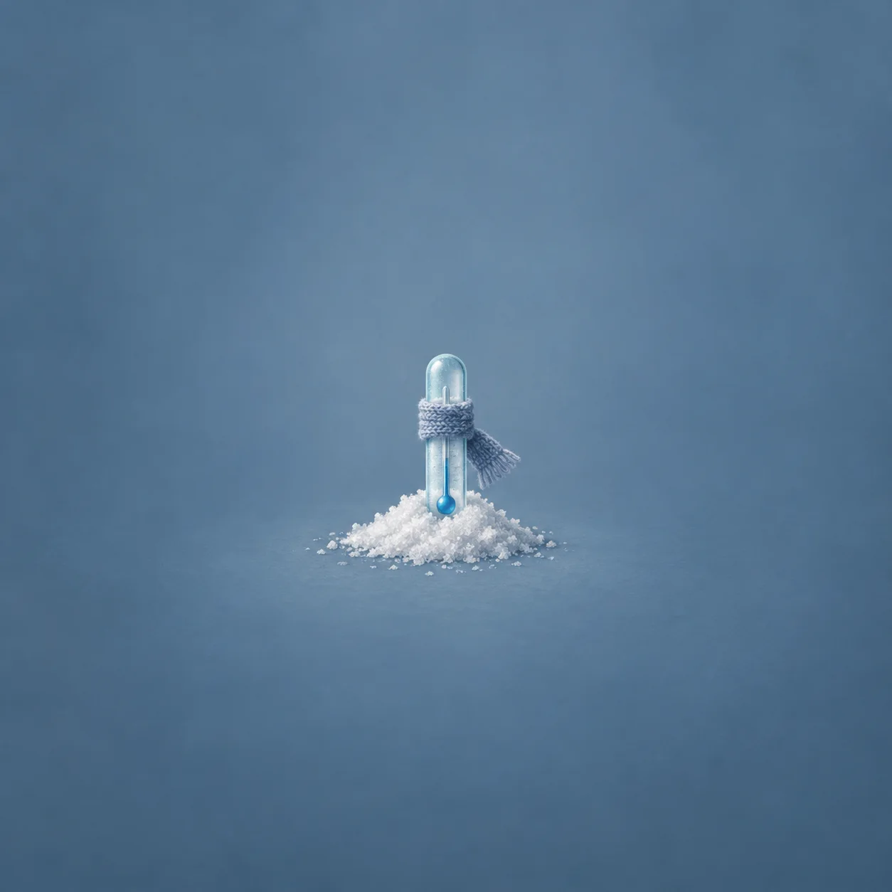 A frosty blue glass tube wrapped in a knitted scarf stands in a mound of white crystals.