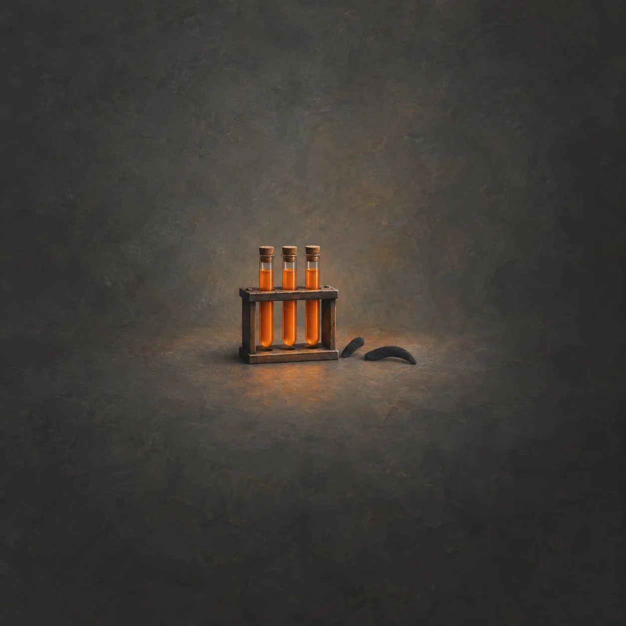 Three tubes of orange liquid stand in a wooden rack beside two curved black eyebrow shapes.