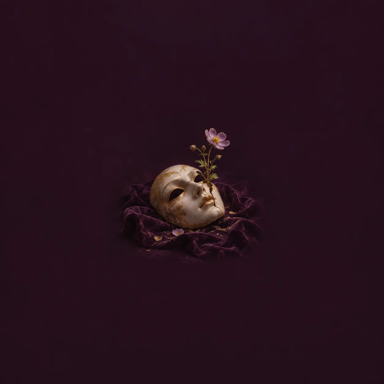 A cracked pale mask rests on dark purple velvet with a small flowering stem rising through it.