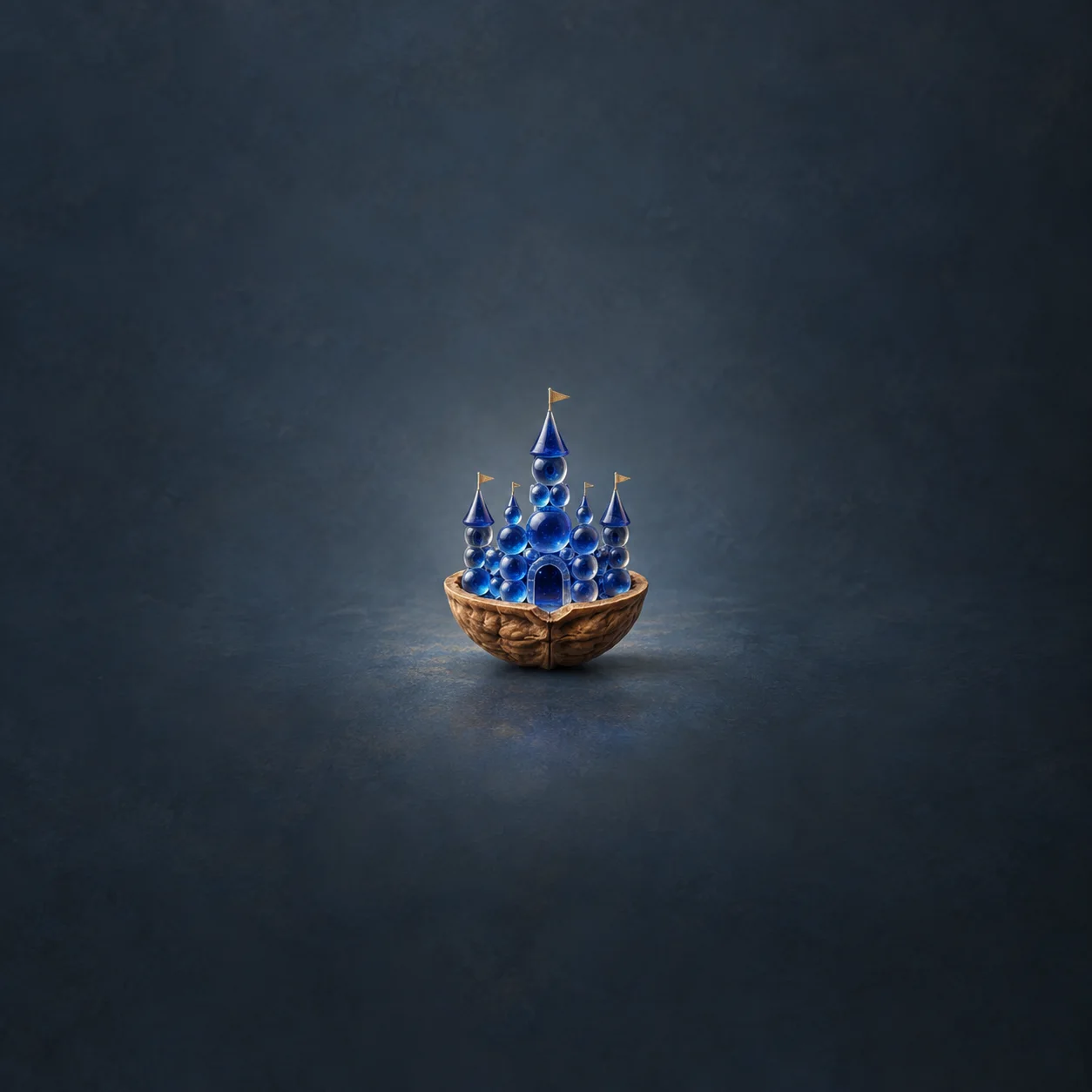 A miniature blue glass castle with tiny gold flags sitting in a walnut shell against a dark blue background.