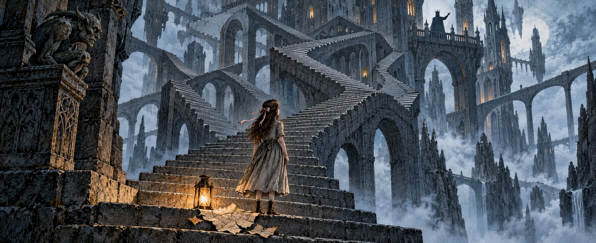 A girl in a pale dress stands on an impossible stone staircase that loops back on itself into a tower, a lantern at her feet.