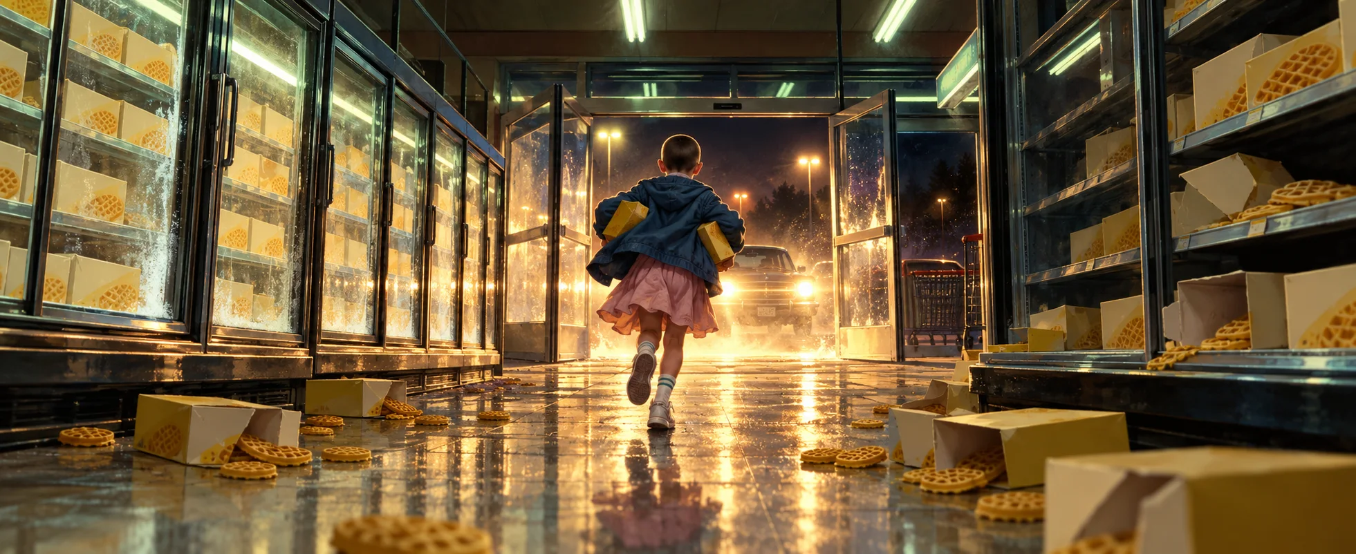 A small girl in a pink dress and a blue jacket runs out of a supermarket aisle at night clutching boxes of waffles, boxes scattered on the floor.