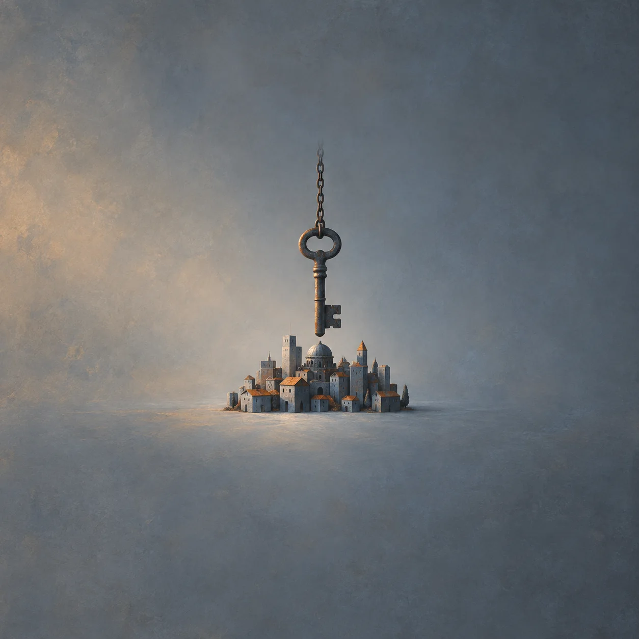An iron key hanging from a chain above a small model city of grey buildings.