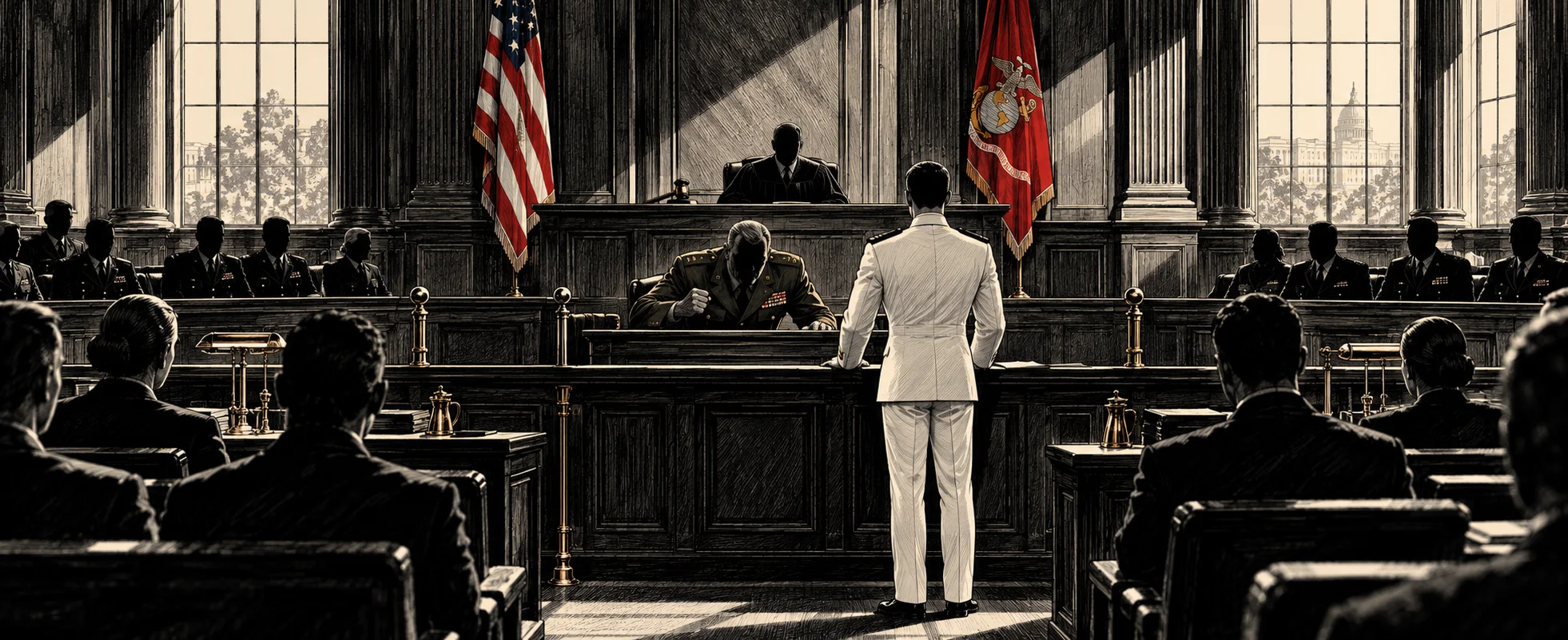 In a wood-panelled military courtroom, a young lawyer in white naval uniform faces a Marine colonel in the witness box between the flags.