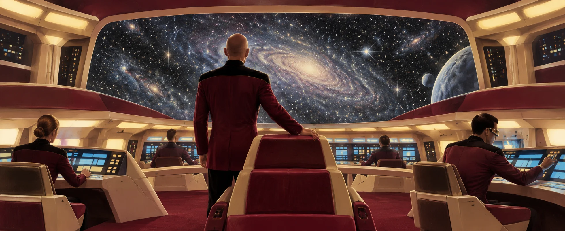 Illustration of a bald captain in a red-and-black uniform standing at the centre of a warm, curved starship bridge, crew at their stations, facing a vast galaxy on the viewscreen.
