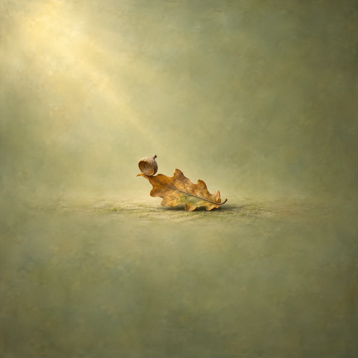 Painterly small acorn beside a curled golden oak leaf on a moss-green surface.