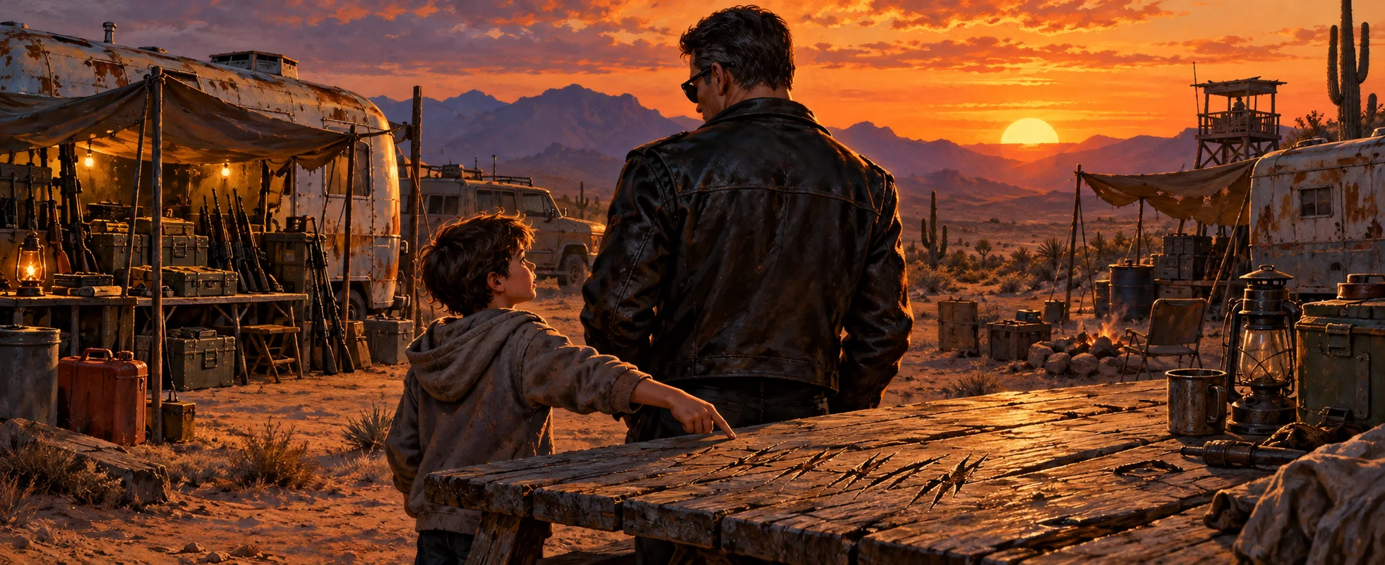 A boy in a hoodie points at a knife-carved picnic table to a tall man in a leather jacket at a desert camp at sunset.