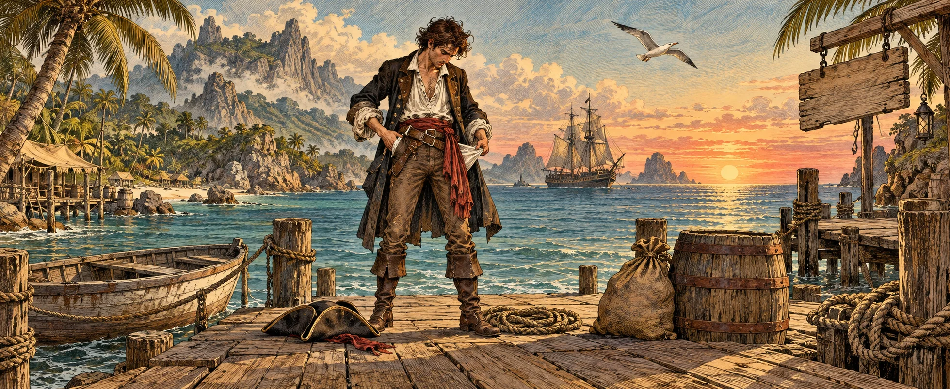 A young would-be pirate turns out his empty pockets on a sunlit Caribbean dock, a rowboat and a ship at anchor behind him.