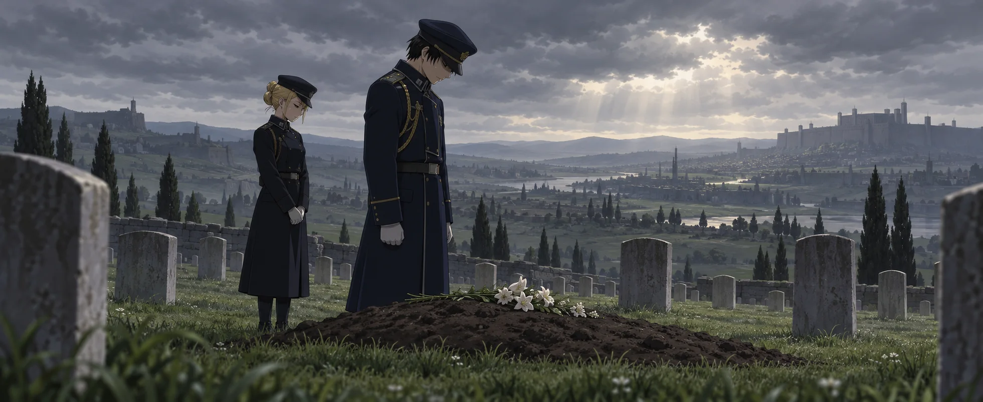 A black-haired officer stands at a fresh grave in a dry, overcast cemetery with his cap pulled low, a blond officer behind him.