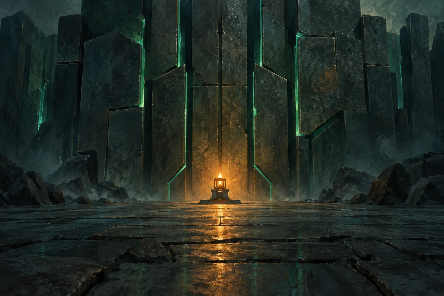 A lone warm light faces an immense geometric wall of dark metal threaded with cold green illumination.