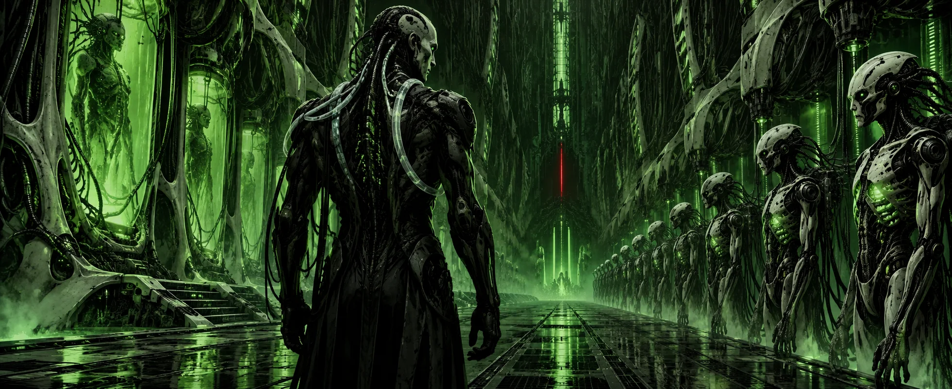 A cybernetic figure stands in a green-lit organic-metal corridor of an alien ship, facing a line of pale drones.
