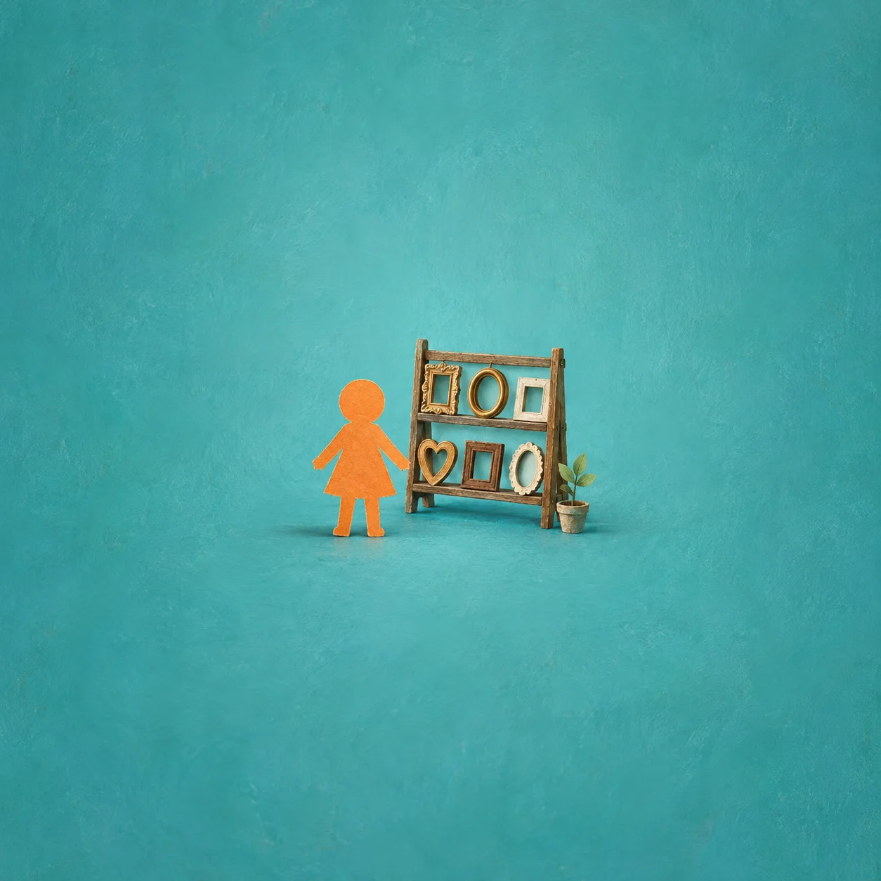 An orange paper doll beside a wooden rack of empty picture frames and a tiny potted plant.