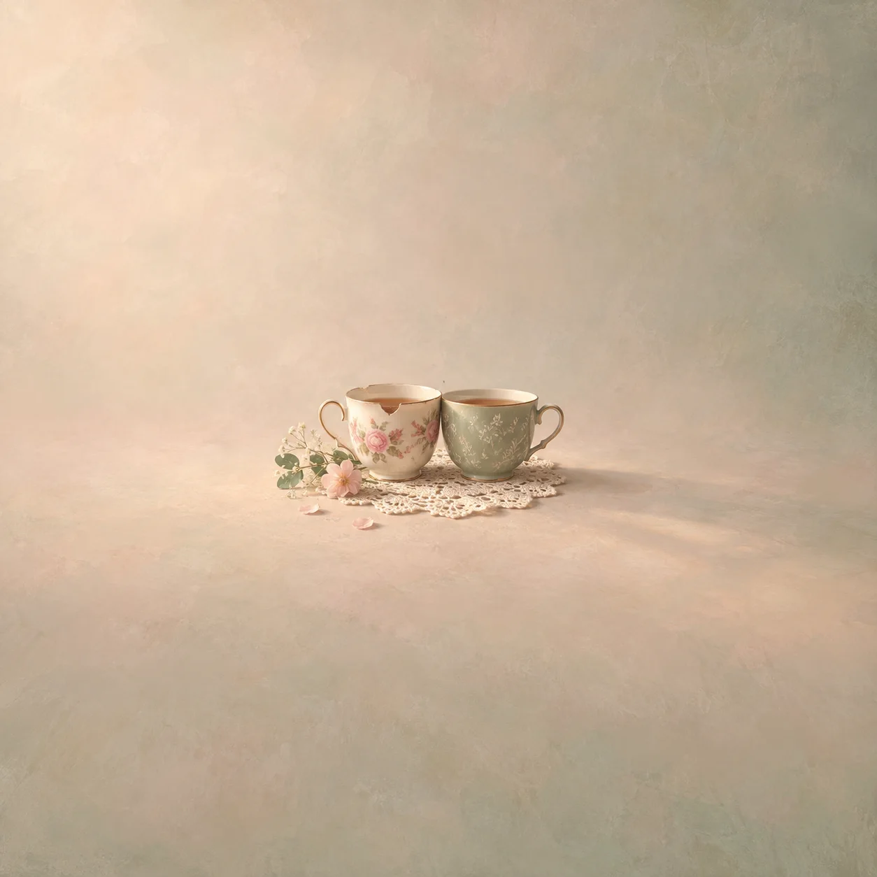 Painterly two mismatched teacups touching on a lace doily beside pale flowers.