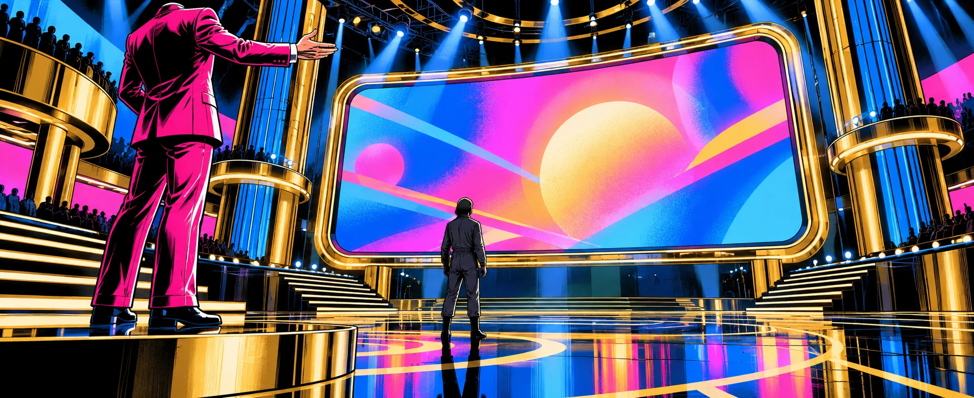 A game-show host in a pink suit gestures at a giant glowing screen in a gaudy 1980s TV studio as a man stands below it.