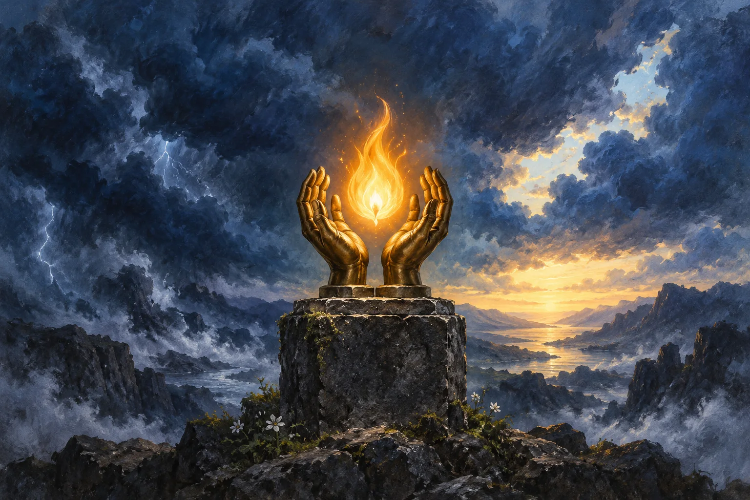 Two brass hands cradle a golden flame on a stone pedestal as a storm gives way to dawn.