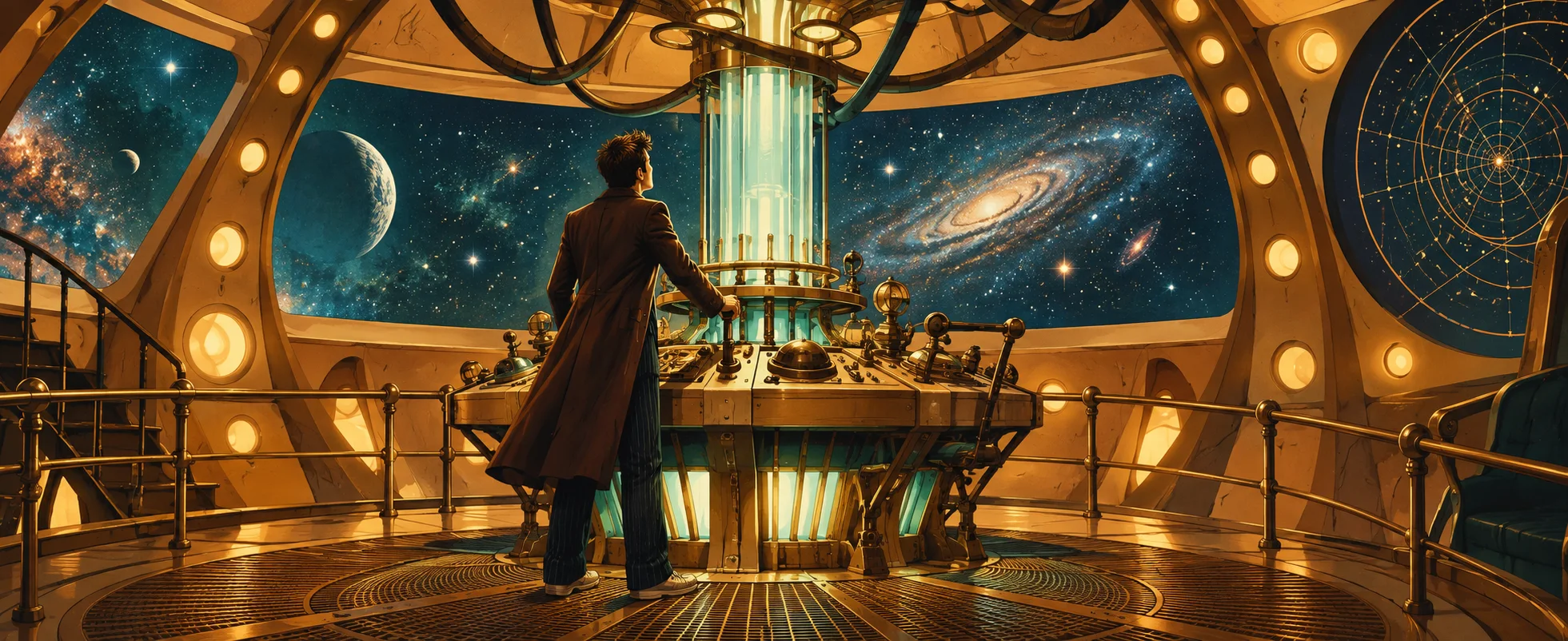 A figure in a long coat stands at a glowing console in a round, brass-trimmed time-ship control room full of stars.