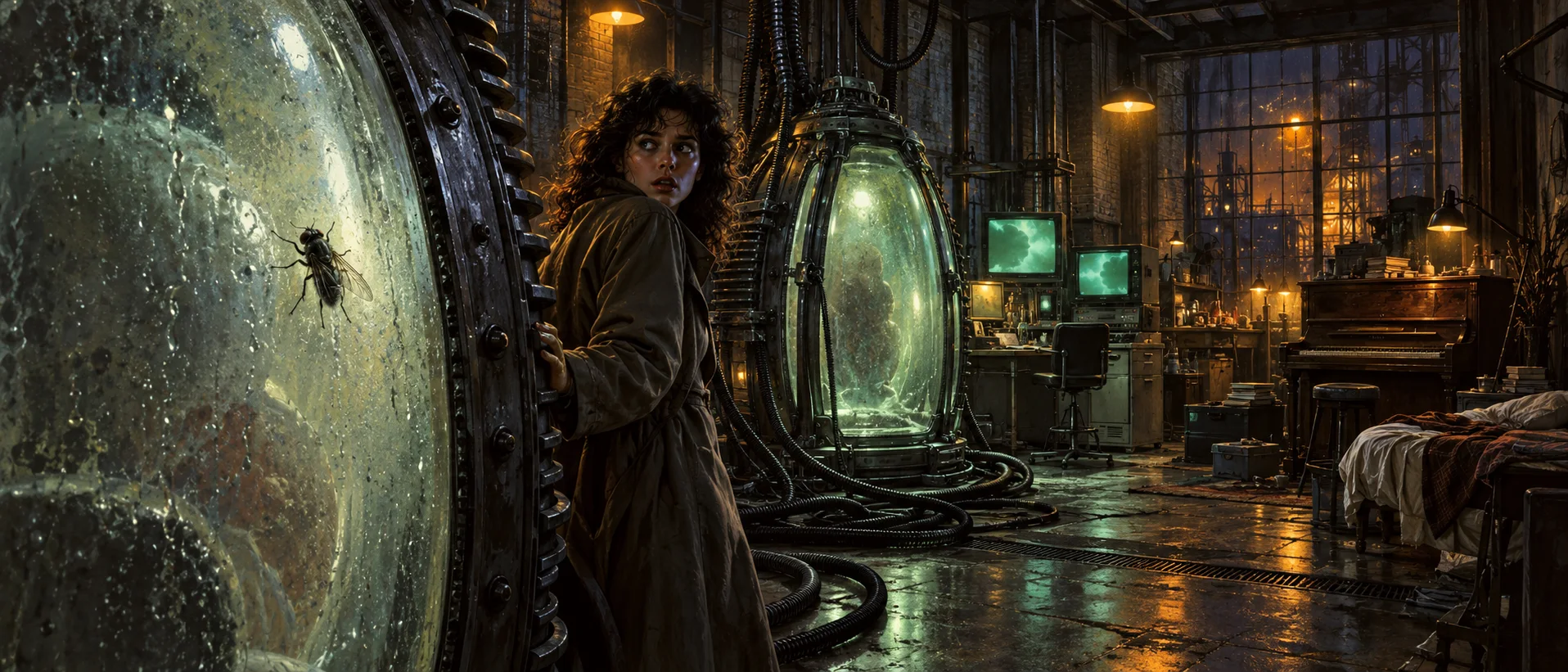 A woman with dark curly hair looks back in dread in a cluttered loft laboratory beside a riveted telepod, a fly crawling on its glass.
