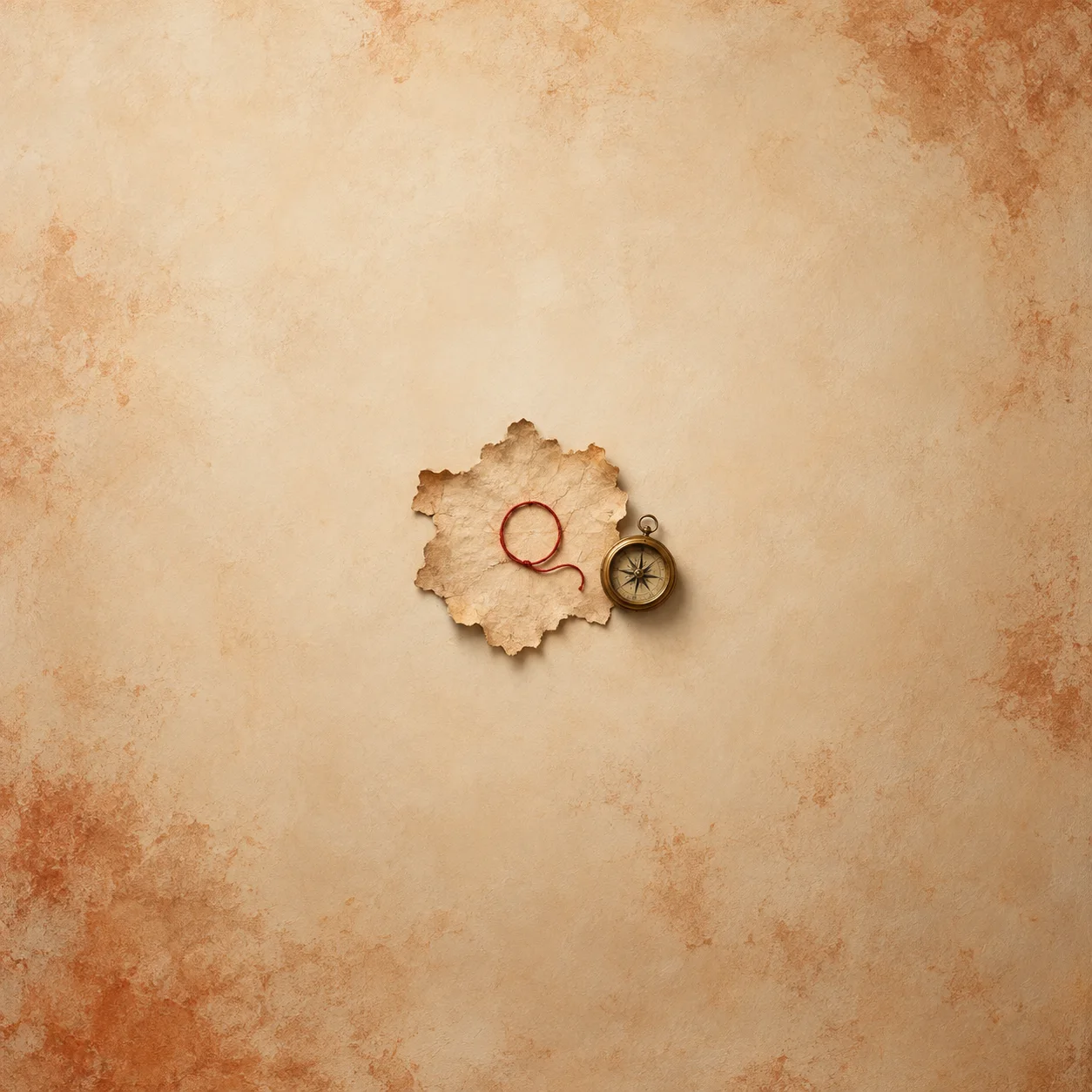 A loop of red cord rests on a ragged piece of parchment beside a small brass compass on a warm ochre background.