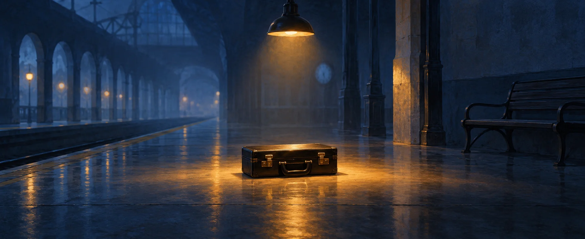 A closed black briefcase rests beneath a pool of amber light in an otherwise empty blue station.