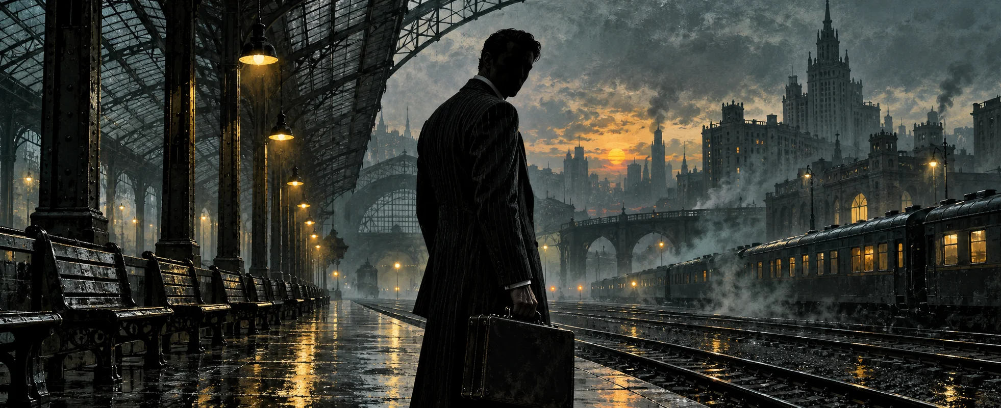 A tall man in a suit with a briefcase stands on a rain-soaked station platform under a grimy glass roof, an industrial city looming beyond.