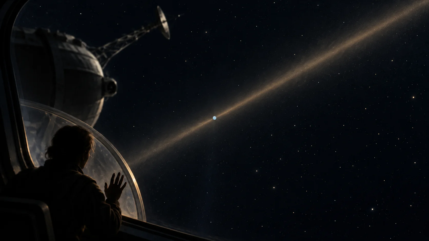 A silhouetted figure presses a hand to a spacecraft window looking at a tiny pale dot caught in a beam of sunlight in black space.