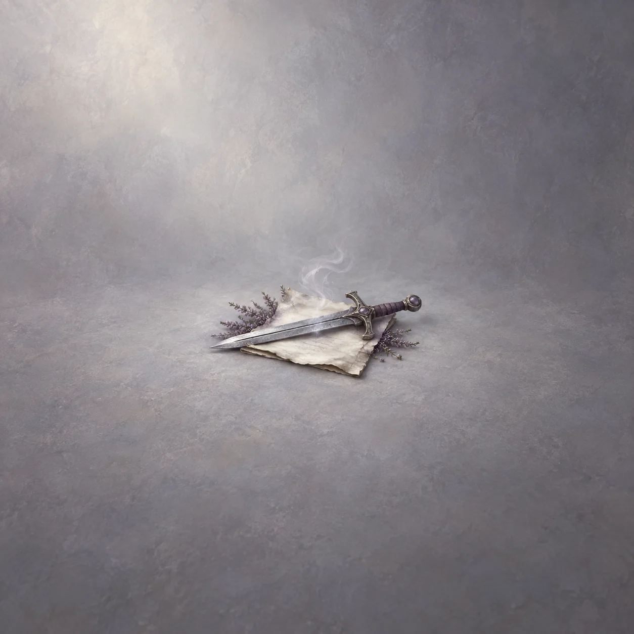 A silver sword lies across pale paper and sprigs of heather, with a thin curl of mist rising above it.
