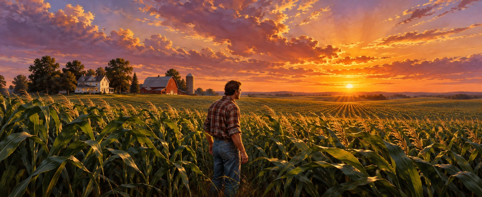 A farmer stands alone at the edge of a tall cornfield at dusk, listening, a farmhouse and barn beyond.