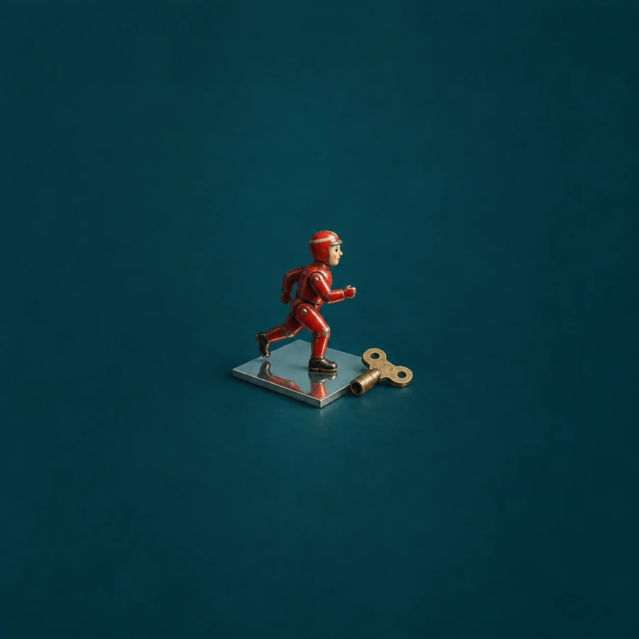 A red wind-up runner stands on a mirrored base beside a loose brass key against teal.