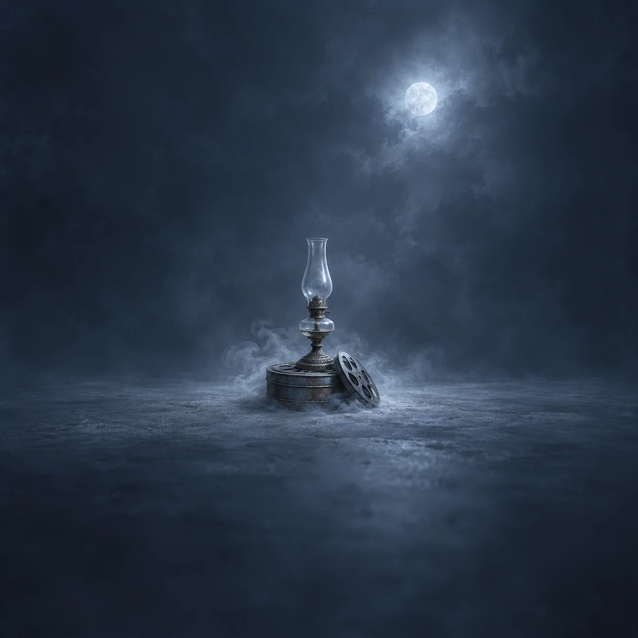 Painterly oil lamp and film reels amid pale mist beneath a moonlit blue sky.