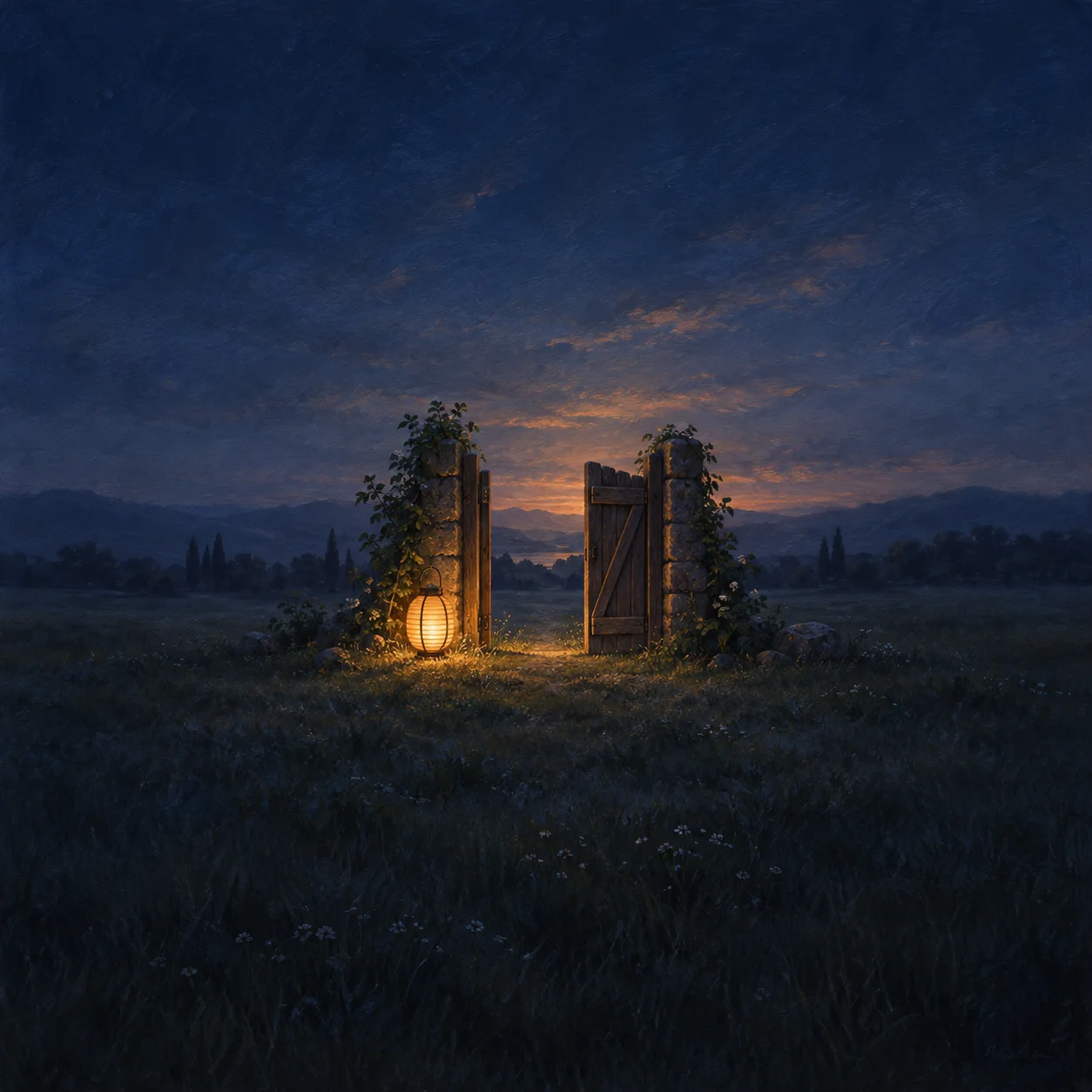 An open wooden gate between ivy-covered posts, with a glowing lantern beside it in a grassy dusk landscape.