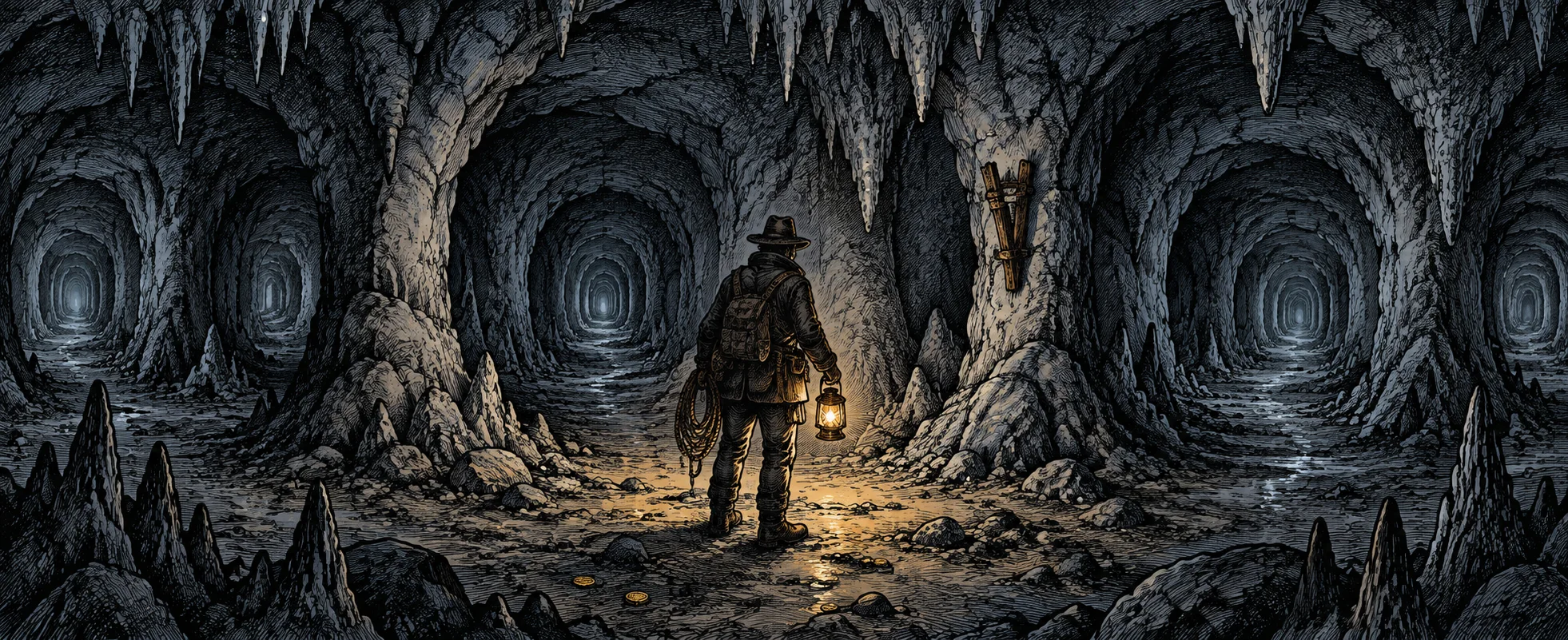 An explorer with a lantern stands in a cave where identical twisting passages lead every way.