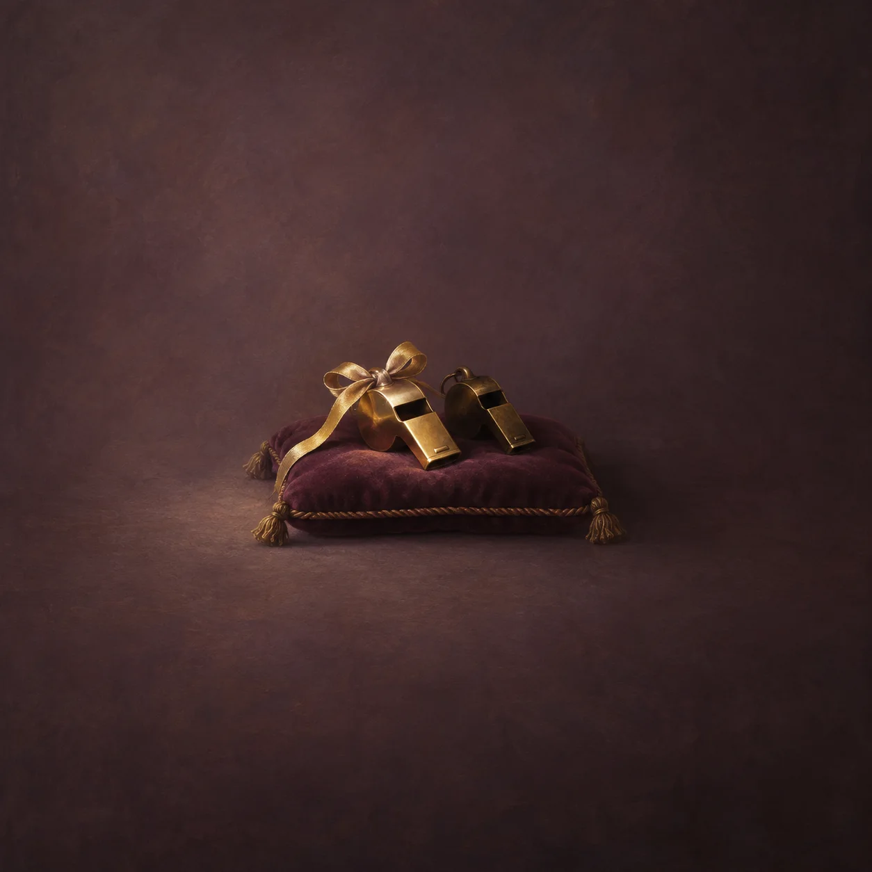 Two brass whistles rest on a purple cushion, one decorated with a gold ribbon.