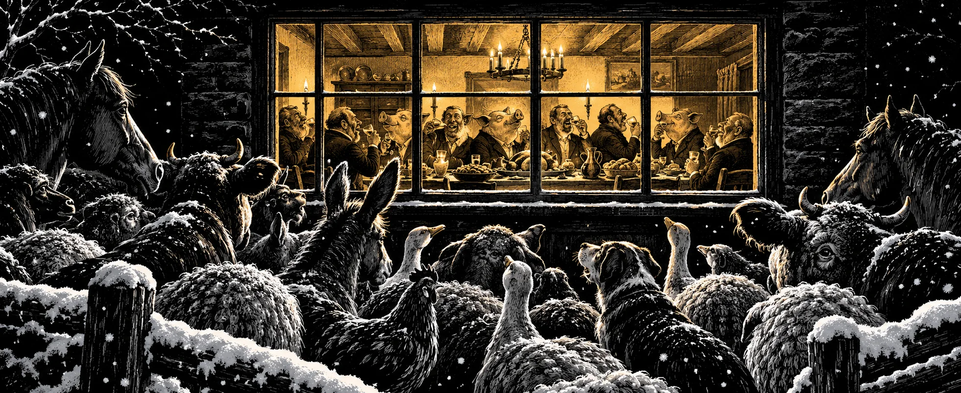 Farm animals crowd in the snow outside a lit farmhouse window, watching pigs and men feast together at a long table inside.