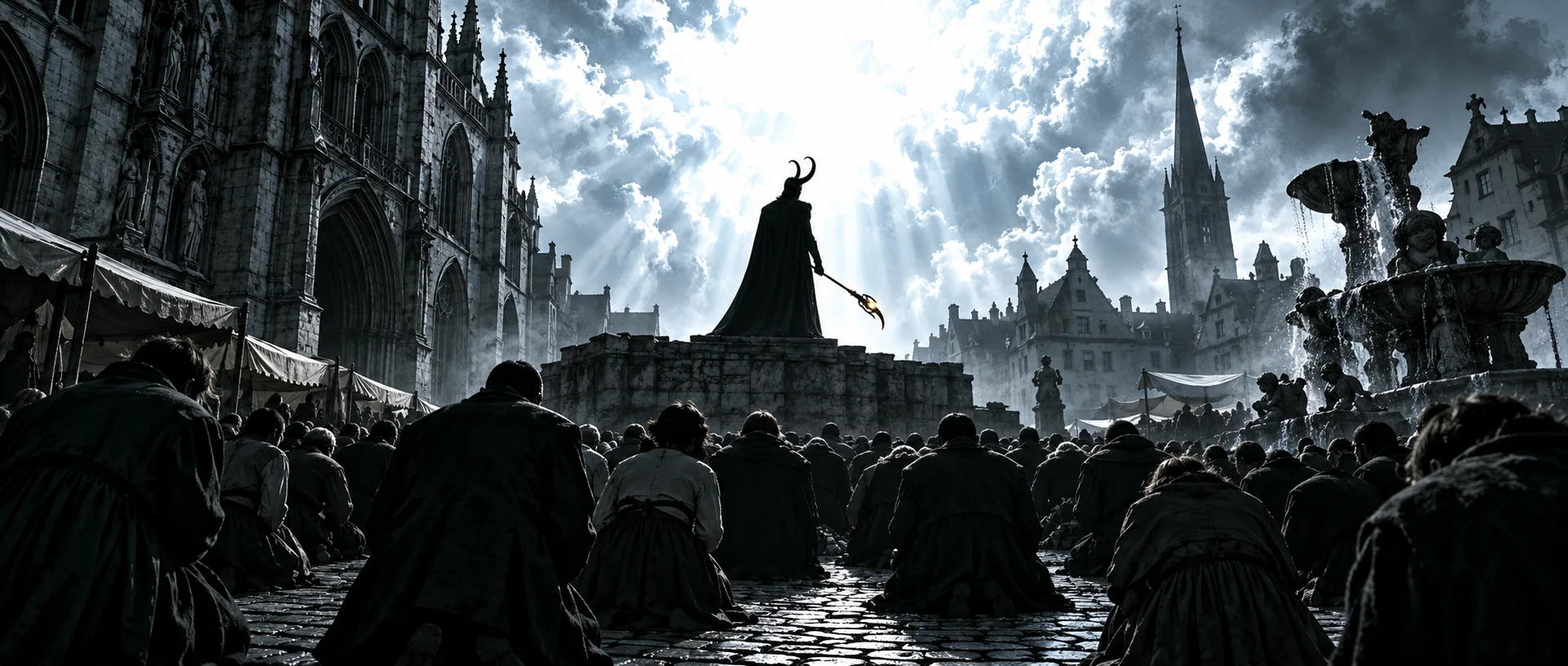 A horned figure with a sceptre stands on a stone plinth against a blinding sky above a square full of kneeling people.