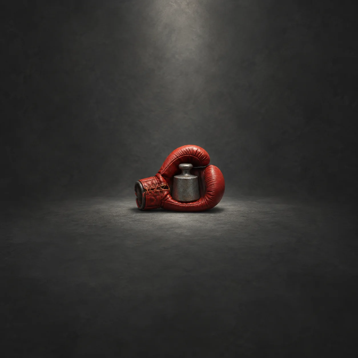 A red boxing glove cradles a small metal weight against a charcoal background.