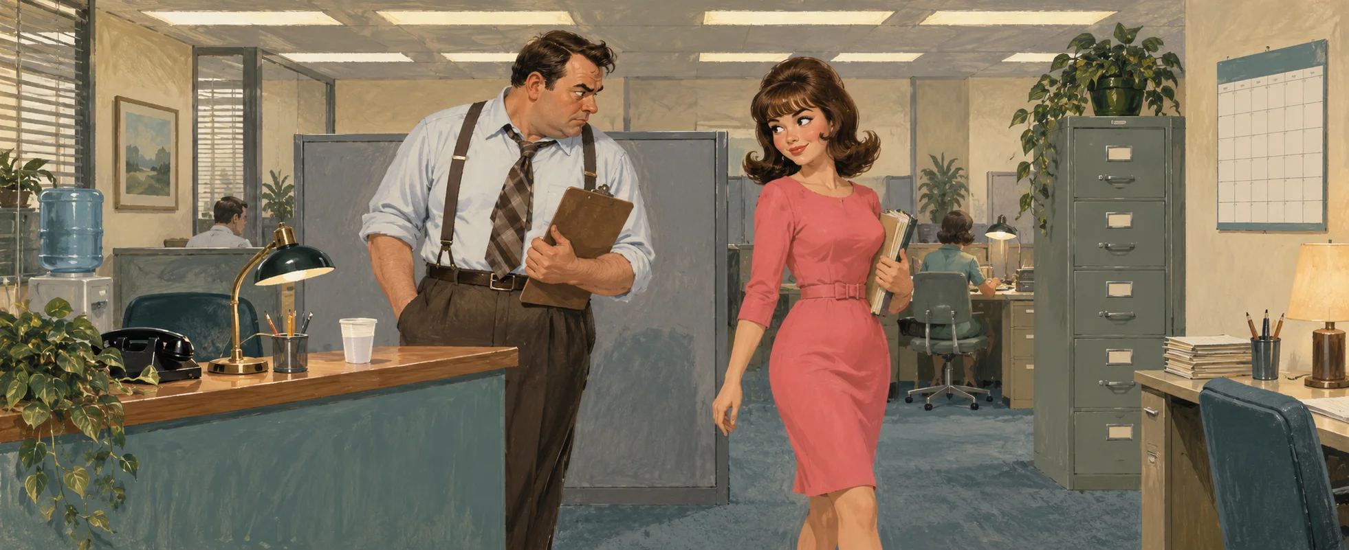 A man in suspenders with a clipboard walks beside a woman in a pink dress through a cluttered office.