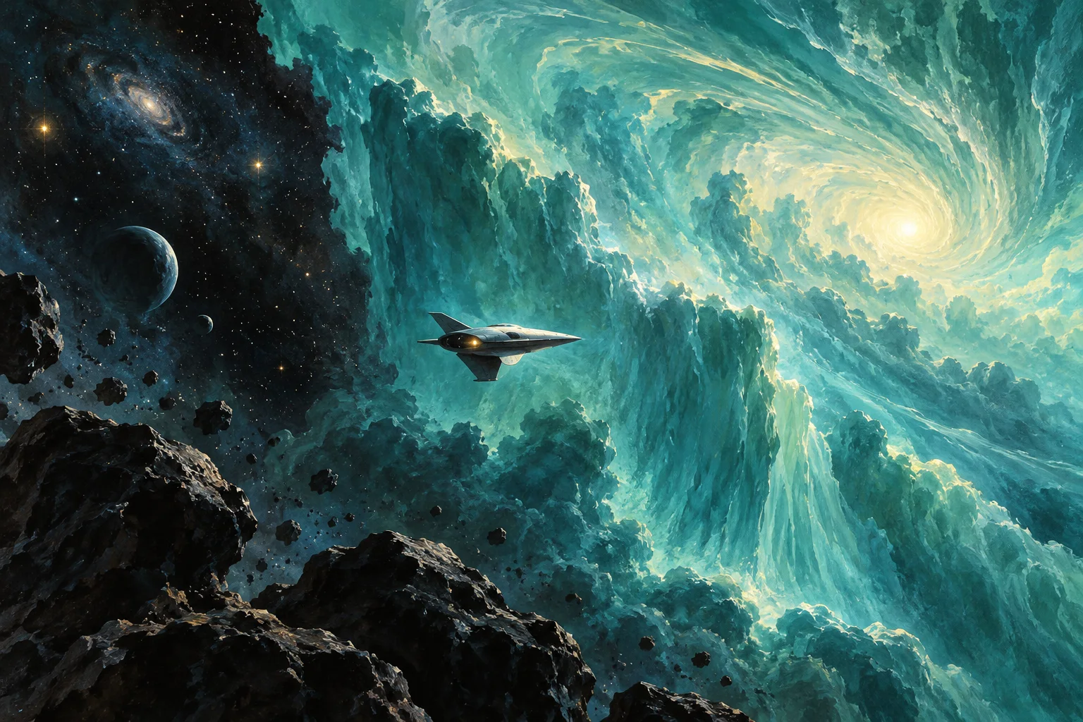 A small silver exploration craft approaches a vast luminous turquoise cosmic storm.