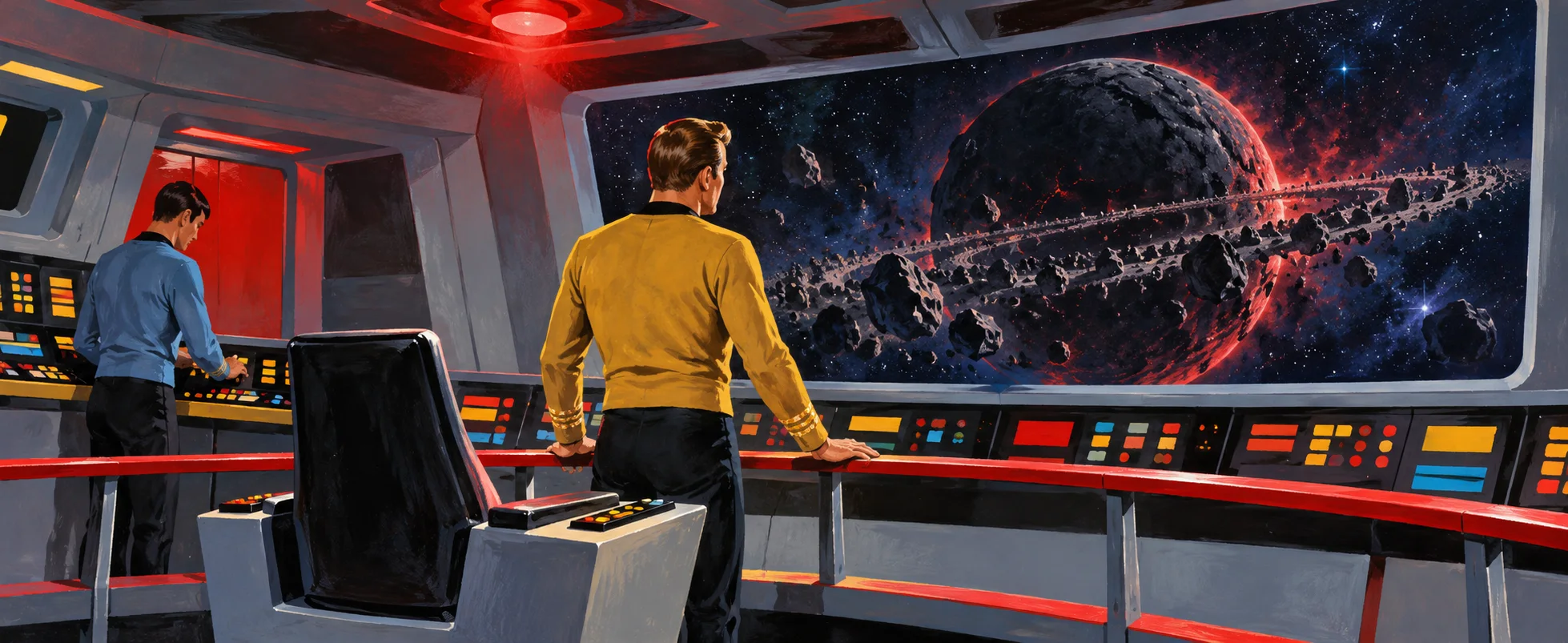 A captain in gold stands at the rail of a starship bridge before a viewscreen of a red planet and asteroids.
