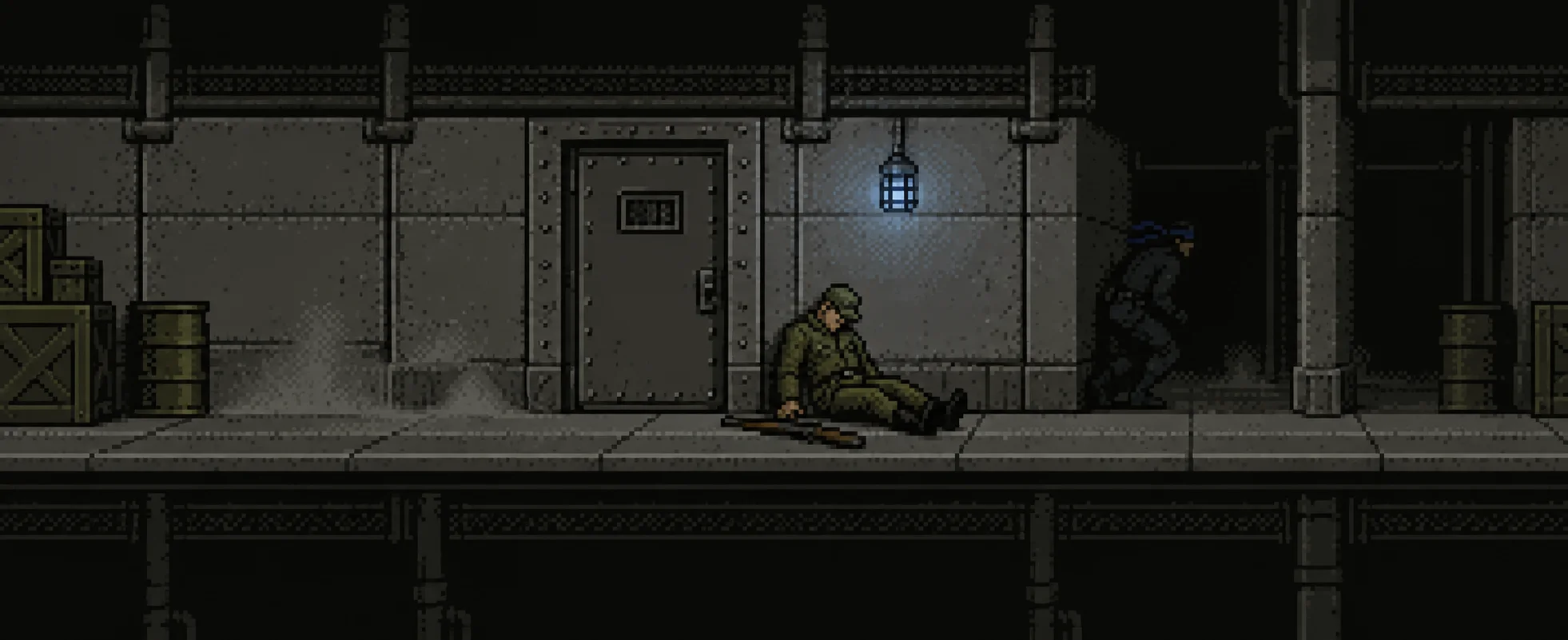 A guard slumps against a wall in a dim 8-bit fortress corridor as a figure in a bandana creeps away into the shadows.