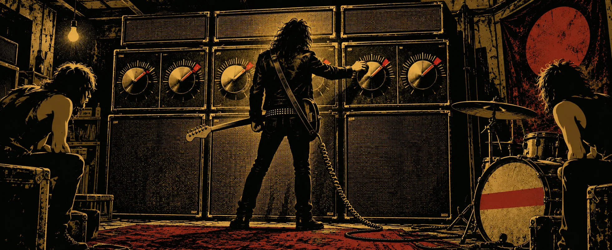 A shaggy-haired guitarist in a leather jacket turns a dial on a wall of amplifiers in a cramped rehearsal room, bandmates at the edges.